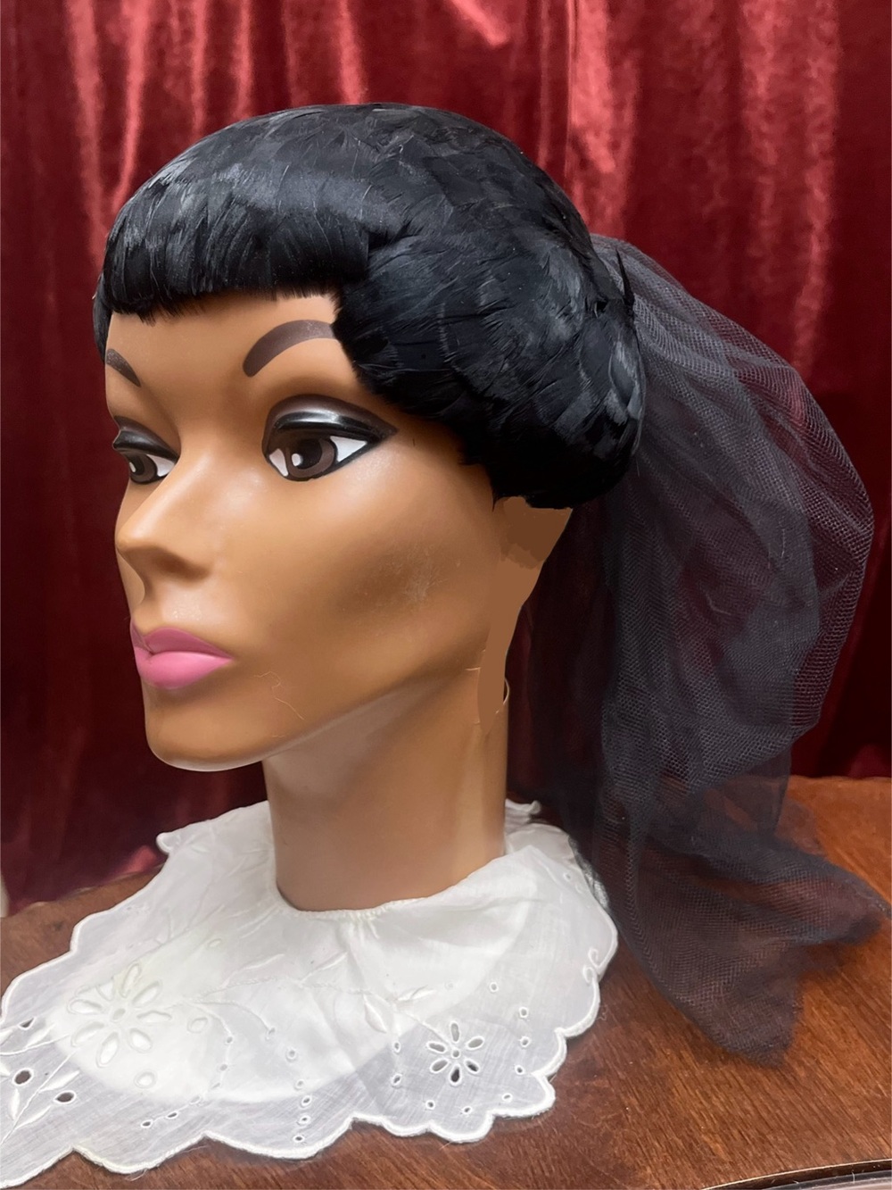 1960s 60s Vintage Black Face Framing All Feather Hat w/ Layered Sheer Netting